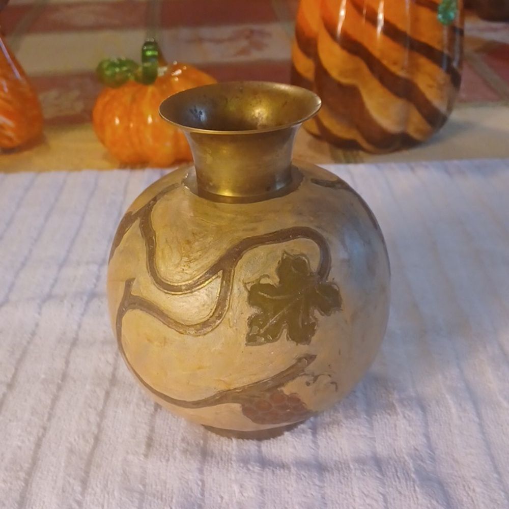 Brass Round Etched Painted Gold Chunky 80,S Gold Floral Rare Painted Vase